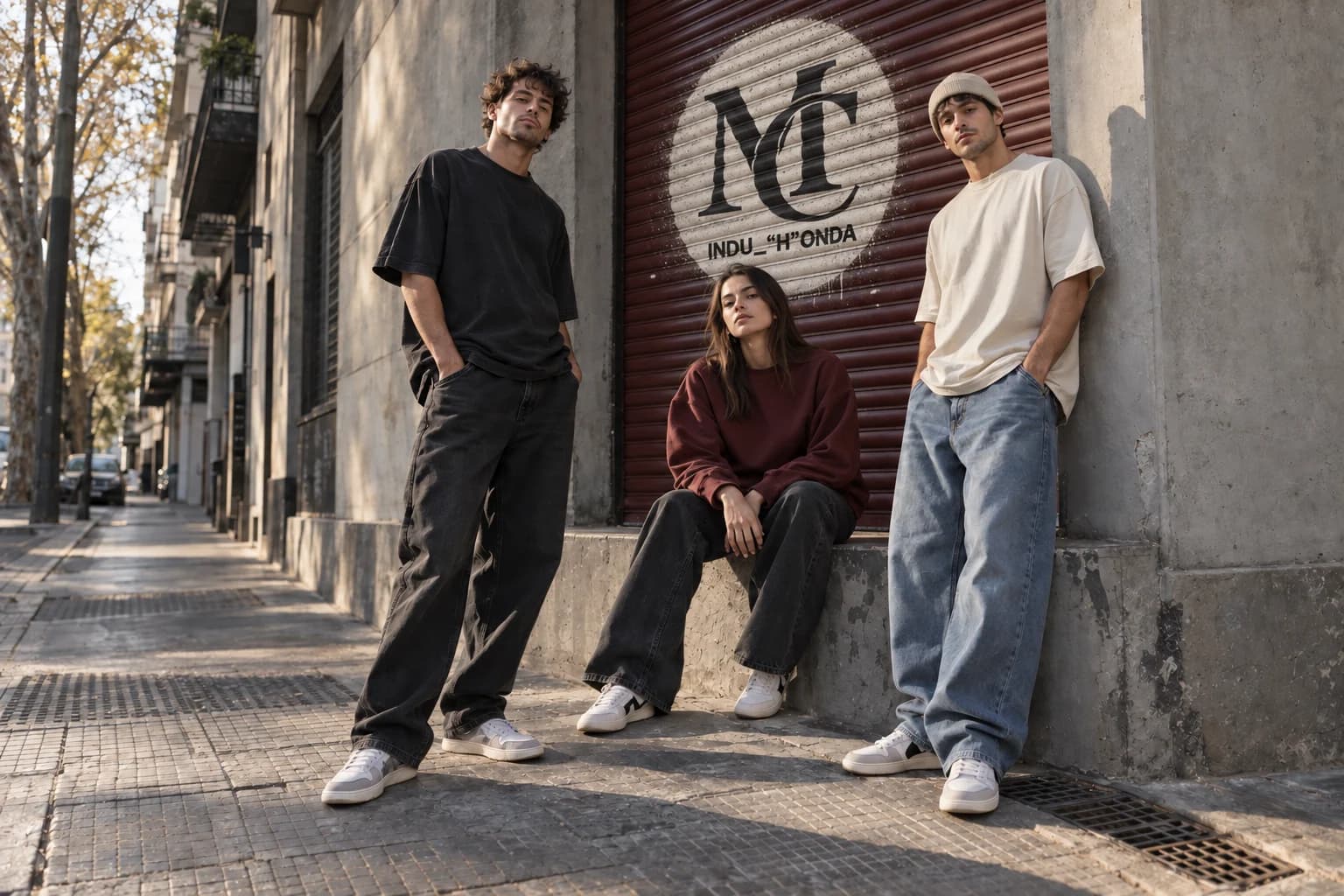 Tres modelos con indumentaria urbana frente a una persiana bordó con el logo de Induhonda pintado como graffiti